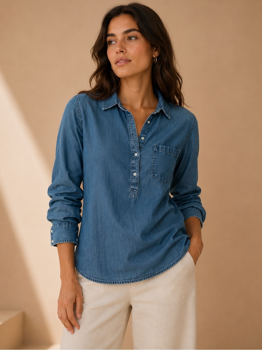 Merona Chambray Denim Popover Button Shirt Large Casual Classic